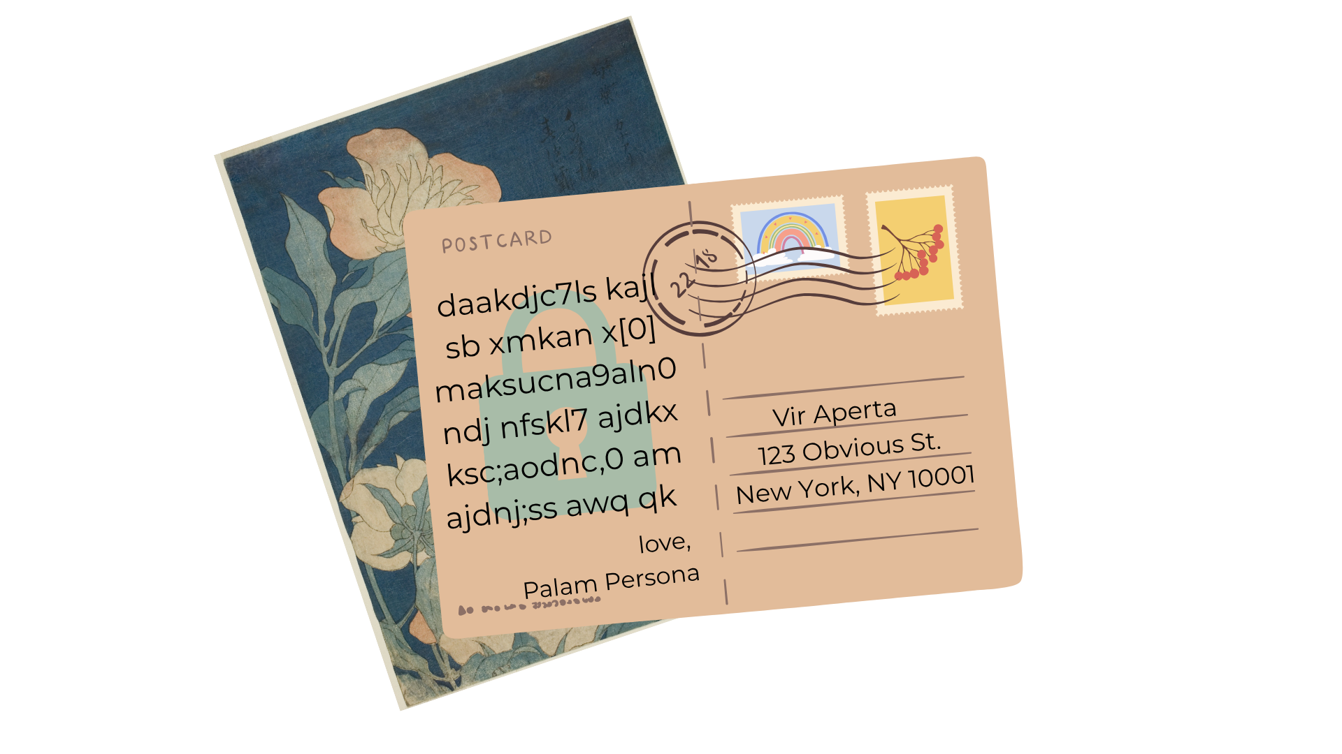 An image of a postcard. The message is written in code, with a lock icon in the background. The names of the sender and recipient, as well as the recipient's address are not.